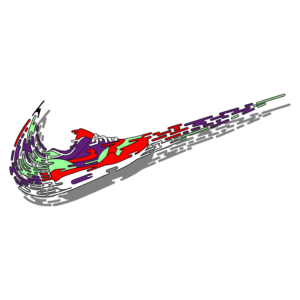 Imagem estilizada de um tênis da Nike em cores vibrantes, incluindo vermelho, verde e roxo, com um efeito de movimentação dinâmica, representando velocidade e estilo. Ideal para amantes de sneakers e moda urbana.