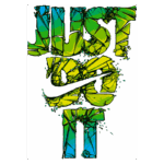 Imagem estilizada com a frase "JUST DO IT" da Nike, composta por letras coloridas em verde e azul, apresentando um design dinâmico e vibrante. Ideal para promoção de produtos esportivos e motivação.