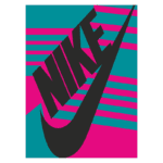 Logo da Nike em um design retro com fundo azul e rosa, apresentando o nome "NIKE" em letras grandes e negritadas, acompanhadas do famoso swoosh característico. Ideal para representações de moda esportiva e cultura urbana.