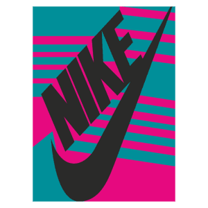 Logo da Nike em um design retro com fundo azul e rosa, apresentando o nome "NIKE" em letras grandes e negritadas, acompanhadas do famoso swoosh característico. Ideal para representações de moda esportiva e cultura urbana.