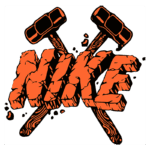 Imagem estilizada do logotipo da Nike, composto por letras em laranja que se assemelham a rochas, com dois martelos estilizados cruzados atrás. O design sugere força e resistência, ideal para temas de atletismo e equipamentos esportivos.
