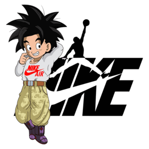 Personagem estilo anime com cabelo bagunçado, usando uma camiseta da Nike e calças largas, posando confiantemente em frente ao logotipo da Nike, que destaca uma silhueta de um jogador de basquete.
