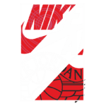 Imagem com o logotipo da Nike e Air Jordan, apresentando elementos gráficos em vermelho e branco que simbolizam a colaboração entre as marcas de esporte e moda. Ideal para destacar produtos e cultura streetwear.