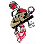 Ilustração estilizada de personagem animado com roupas de basquete, segurando uma bola de basquete e usando tênis da Nike. O personagem exibe um boné vermelho, óculos escuros e fones de ouvido, destacando a marca Nike de maneira divertida e dinâmica.