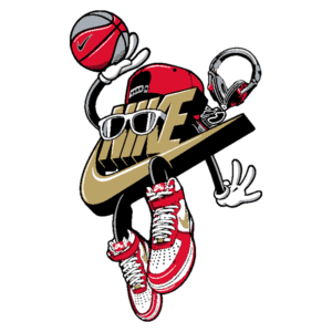 Ilustração estilizada de personagem animado com roupas de basquete, segurando uma bola de basquete e usando tênis da Nike. O personagem exibe um boné vermelho, óculos escuros e fones de ouvido, destacando a marca Nike de maneira divertida e dinâmica.