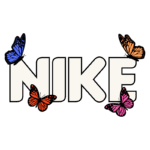 Logotipo da Nike em destaque, envolto por borboletas coloridas, incluindo espécies azuis, laranja e pretas, simbolizando criatividade e liberdade.