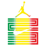 Logotipo estilizado com as cores da bandeira da Jamaica, apresentando a silhueta de um jogador de basquete realizando um salto e segurando uma bola, acompanhado do famoso símbolo da Nike.