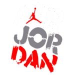 Logotipo da marca Air Jordan com design gráfico colorido, destacando as palavras "AIR", "JORDAN" e "DAN", e a silhueta de um jogador de basquete em ação.