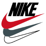 Logotipo da Nike com o nome em letras maiúsculas pretas e três swooshes em vermelho, preto e cinza, representando dinamismo e estilo na moda esportiva.