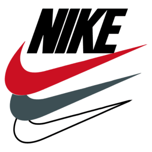 Logotipo da Nike com o nome em letras maiúsculas pretas e três swooshes em vermelho, preto e cinza, representando dinamismo e estilo na moda esportiva.
