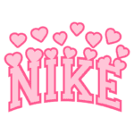 Logotipo da Nike em rosa com corações ao redor, simbolizando amor pela marca e estilo moderno.