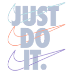 Texto em destaque com a famosa frase "Just Do It" da Nike, acompanhada de swooshes estilizados em cores azul, laranja e roxa, simbolizando motivação e ação.