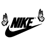Logotipo da Nike com borboletas ao redor, destacando a fusão entre estilo e natureza. Ideal para marcas de moda e acessórios esportivos.