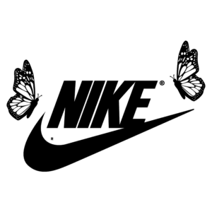 Logotipo da Nike com borboletas ao redor, destacando a fusão entre estilo e natureza. Ideal para marcas de moda e acessórios esportivos.