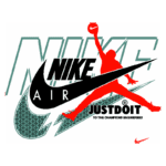 Imagem do logotipo da Nike com o icônico símbolo "Swoosh", o texto "NIKE AIR" e um jogador de basquete em uma pose de salto, representando a marca e o espírito esportivo, acompanhado do slogan "JUST DO IT".