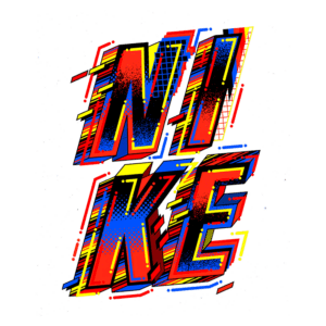 Logotipo colorido da Nike, com design dinâmico em vermelho, azul e amarelo, apresentando a palavra "NIKE" em estilo gráfico vibrante e moderno.