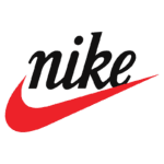 Logotipo da Nike, apresentando o nome "nike" em letras pretas estilizadas, acompanhado pelo icônico swoosh vermelho, símbolo reconhecido mundialmente da marca de artigos esportivos.
