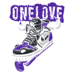 Tênis estilizado da Nike em tons de roxo e preto com elementos gráficos de cartoon, incluindo chifres e uma língua estendida, acompanhado do texto "ONEmL0VE".
