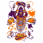 Ilustração artística de um tênis Nike com elementos vibrantes, incluindo óculos, mãos estilizadas e outros acessórios, em um fundo colorido. Ideal para fãs de moda urbana e cultura sneaker.