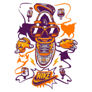 Ilustração artística de um tênis Nike com elementos vibrantes, incluindo óculos, mãos estilizadas e outros acessórios, em um fundo colorido. Ideal para fãs de moda urbana e cultura sneaker.