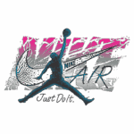 Imagem estilizada do logotipo da Nike Air, com a silhueta de um jogador de basquete realizando uma cesta, apresentando elementos gráficos vibrantes e a frase "Just Do It." em destaque. Ideal para entusiastas da cultura do basquete e moda urbana.