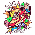 Imagem colorida de um tênis Nike Air Max, destacado em um fundo vibrante com elementos gráficos como personagens animados, formas geométricas e explosões de cores. Ideal para ilustrar cultura sneaker e arte urbana.