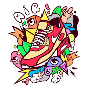 Imagem colorida de um tênis Nike Air Max, destacado em um fundo vibrante com elementos gráficos como personagens animados, formas geométricas e explosões de cores. Ideal para ilustrar cultura sneaker e arte urbana.