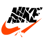 Logo da Nike com um design quebrado, apresentando as cores preta e laranja, simbolizando inovação e estilo esportivo.