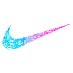Logotipo da Nike em estilo gráfico, apresentando um degradê de azul a roxo, formado por diversos ícones de esportes e música, simbolizando dinamismo e criatividade.