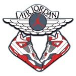 Logotipo da marca Air Jordan, apresentando um desenho das icônicas sneakers Air Jordan 4, com as cores predominantes em vermelho e branco, destacando a frase "THE AIR FLIGHT OFFICIAL BRAND CLOTHING".