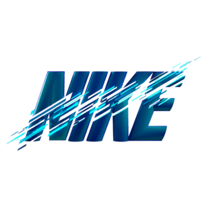 Logotipo da Nike estilizado em tons de azul, com efeitos de movimento que transmitem velocidade e dinamismo, representando inovação e performance no esporte.