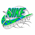Imagem estilizada do logotipo da Nike em 3D, incorporando elementos de um tênis colorido nas cores verde e azul, com cadarços interligados, destacando a criatividade e inovação da marca no design de calçados esportivos.