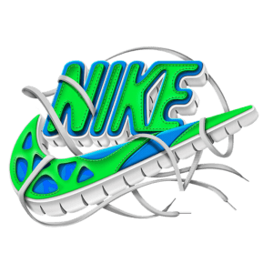 Imagem estilizada do logotipo da Nike em 3D, incorporando elementos de um tênis colorido nas cores verde e azul, com cadarços interligados, destacando a criatividade e inovação da marca no design de calçados esportivos.