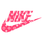 Logo da Nike incorporando o padrão da Louis Vuitton em fundo rosa, destacando a fusão de marcas de luxo e moda esportiva.
