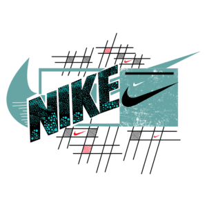 Logotipo da Nike em um design gráfico moderno, destacando a palavra "NIKE" com texturas e elementos visuais coloridos, e a icônica marca do Swoosh em diferentes variações. Ideal para representar estilo e inovação na moda esportiva.
