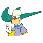 Personagem de desenho animado Krusty, o palhaço, da série "Os Simpsons", com cabelo verde estilizado, nariz vermelho, fumando um cigarro e fazendo um gesto de paz.