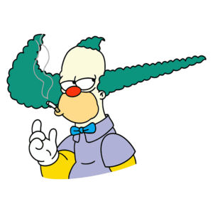 Personagem de desenho animado Krusty, o palhaço, da série "Os Simpsons", com cabelo verde estilizado, nariz vermelho, fumando um cigarro e fazendo um gesto de paz.