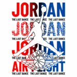 Imagem estilizada do icônico logotipo do Air Jordan, com a silhueta de Michael Jordan saltando, rodeada por palavras como "JORDAN" e "THE LAST DANCE" em cores vermelho e azul.