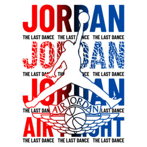 Imagem estilizada do icônico logotipo do Air Jordan, com a silhueta de Michael Jordan saltando, rodeada por palavras como "JORDAN" e "THE LAST DANCE" em cores vermelho e azul.