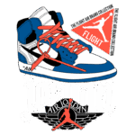 Tênis Air Jordan com design icônico em azul e branco, apresentando cadarços laranja. Inclui logo da marca Jordan e elementos gráficos da coleção Flight. Ideal para entusiastas de moda e cultura streetwear.