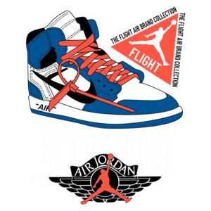 Tênis Air Jordan com design icônico em azul e branco, apresentando cadarços laranja. Inclui logo da marca Jordan e elementos gráficos da coleção Flight. Ideal para entusiastas de moda e cultura streetwear.