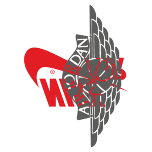 Logotipo da Nike com a marca Air Jordan, apresentando uma bola de basquete e asas estilizadas, ideal para artigos sobre tênis e cultura urbana.