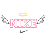 Logotipo da Nike com design criativo, incluindo asas brancas e um halo amarelo, representando uma estética angelical.