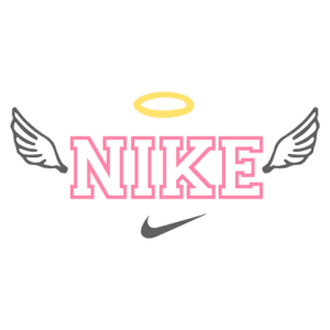 Logotipo da Nike com design criativo, incluindo asas brancas e um halo amarelo, representando uma estética angelical.