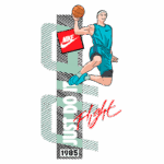 Ilustração de jogador de basquete saltando, vestindo camiseta e shorts azuis, com a bola na mão. Fundo destaca logotipo da Nike e slogan "Just Do It" em letras brancas, com o ano "1985". Ideal para temas relacionados a esportes, basquete e moda streetwear.