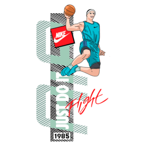 Ilustração de jogador de basquete saltando, vestindo camiseta e shorts azuis, com a bola na mão. Fundo destaca logotipo da Nike e slogan "Just Do It" em letras brancas, com o ano "1985". Ideal para temas relacionados a esportes, basquete e moda streetwear.