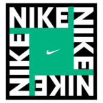 Logotipo da Nike em fundo preto, com o nome "NIKE" repetido em letras brancas e um destaque em verde, apresentando o famoso símbolo swoosh em branco ao centro.