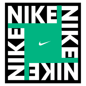 Logotipo da Nike em fundo preto, com o nome "NIKE" repetido em letras brancas e um destaque em verde, apresentando o famoso símbolo swoosh em branco ao centro.