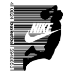 Imagem estilizada de um jogador de basquete saltando para fazer uma cesta, com o logotipo da Nike e código de barras ao fundo, simbolizando a conexão entre esportes e estilo urbano.