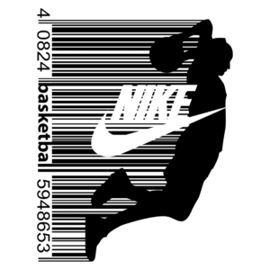 Imagem estilizada de um jogador de basquete saltando para fazer uma cesta, com o logotipo da Nike e código de barras ao fundo, simbolizando a conexão entre esportes e estilo urbano.